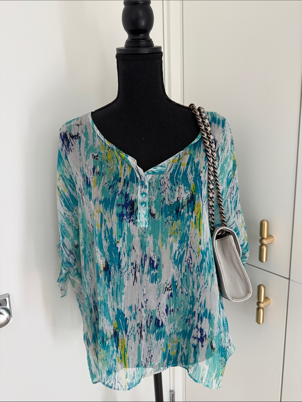 Ella Moss Teal & Blue Abstract Henley Blouse